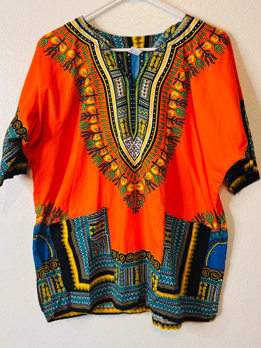 African Dashiki Cotton Multicolored Pullover Shirt w Pockets size L Hippy